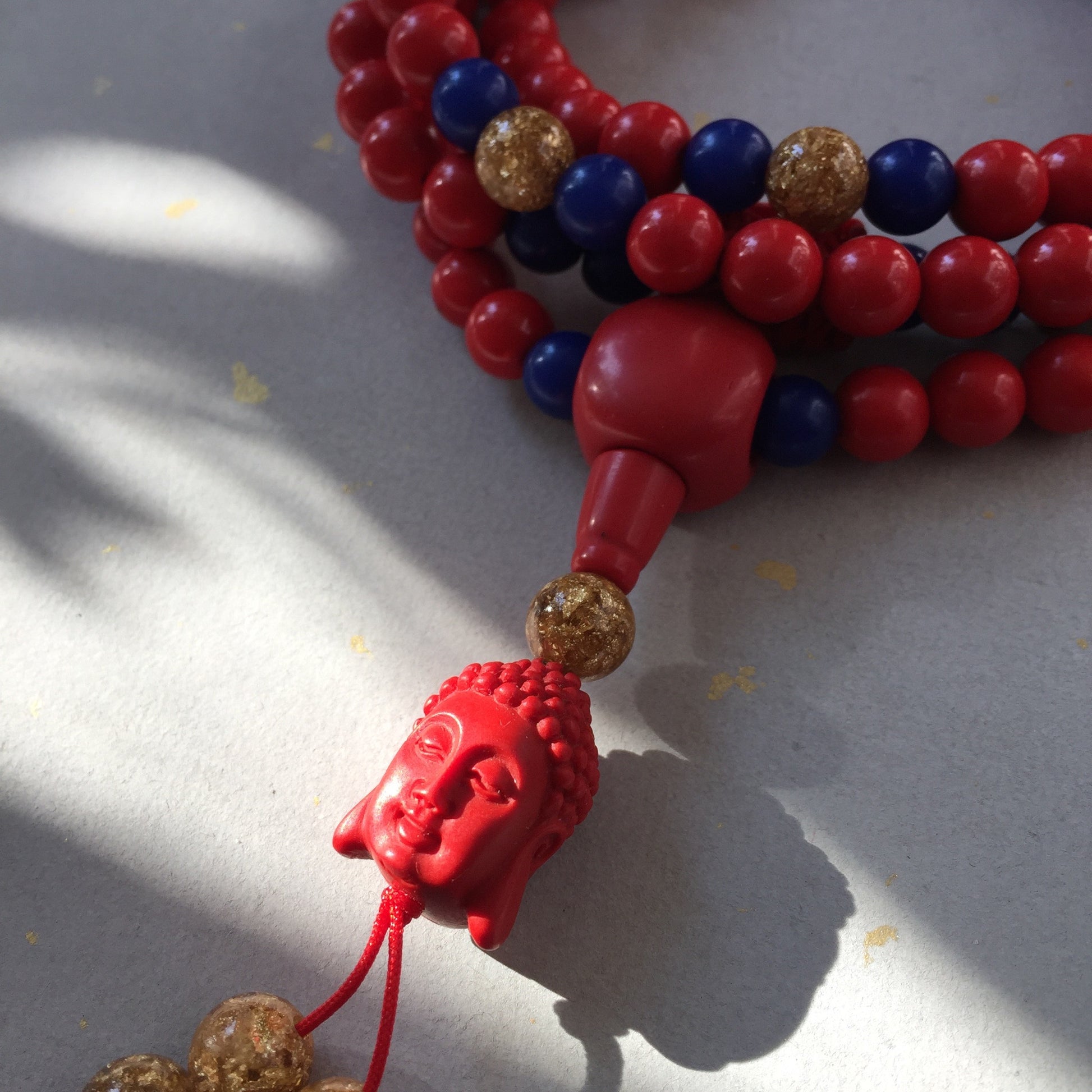 Buddha Red Cinnabar 108 Bead Mala Necklace, Red Stone Wrap Bracelet Wrist Mala.