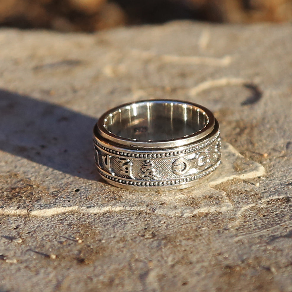 Tibetan Buddhist Prayers Symbol & Swastika Sterling Silver Spinner Ring, Mens Meditation Ring (N)
