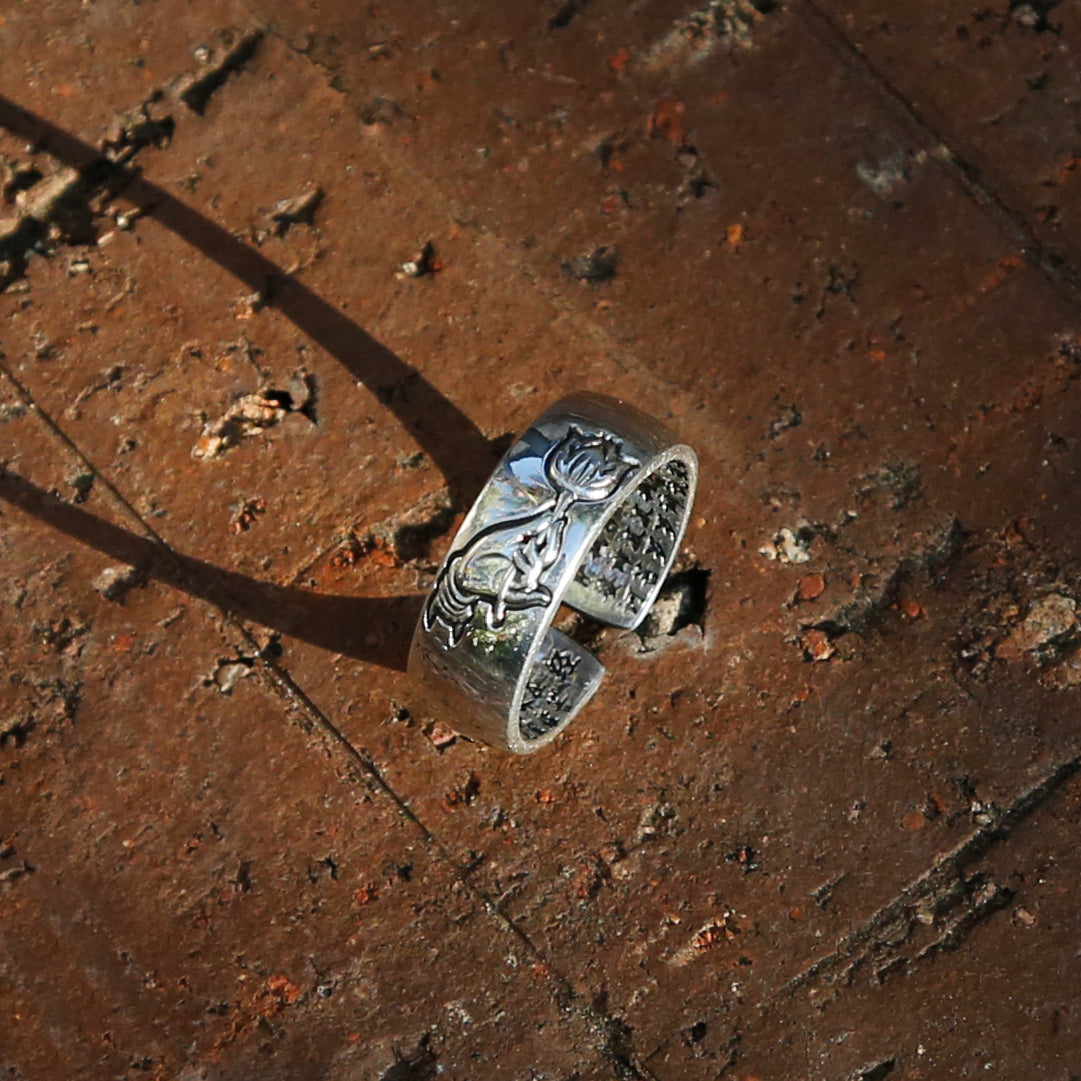 Praying Hand with Buddhist Sutra Sterling Silver Ring, Tibetan Buddhism Ring - ZentralDesigns