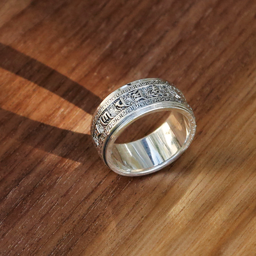 Tibetan Buddhist Symbol Vajra & Prayers Sterling Silver Spinner Ring, Mens Meditation Ring - ZentralDesigns