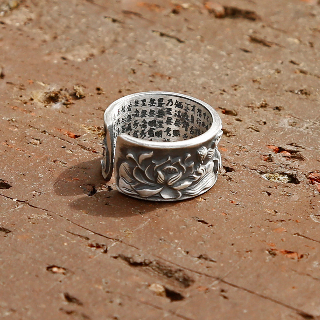 Vintage Style Engraved Lotus Adjustable Silver Ring, Buddhist Sutra Mens Ring - ZentralDesigns