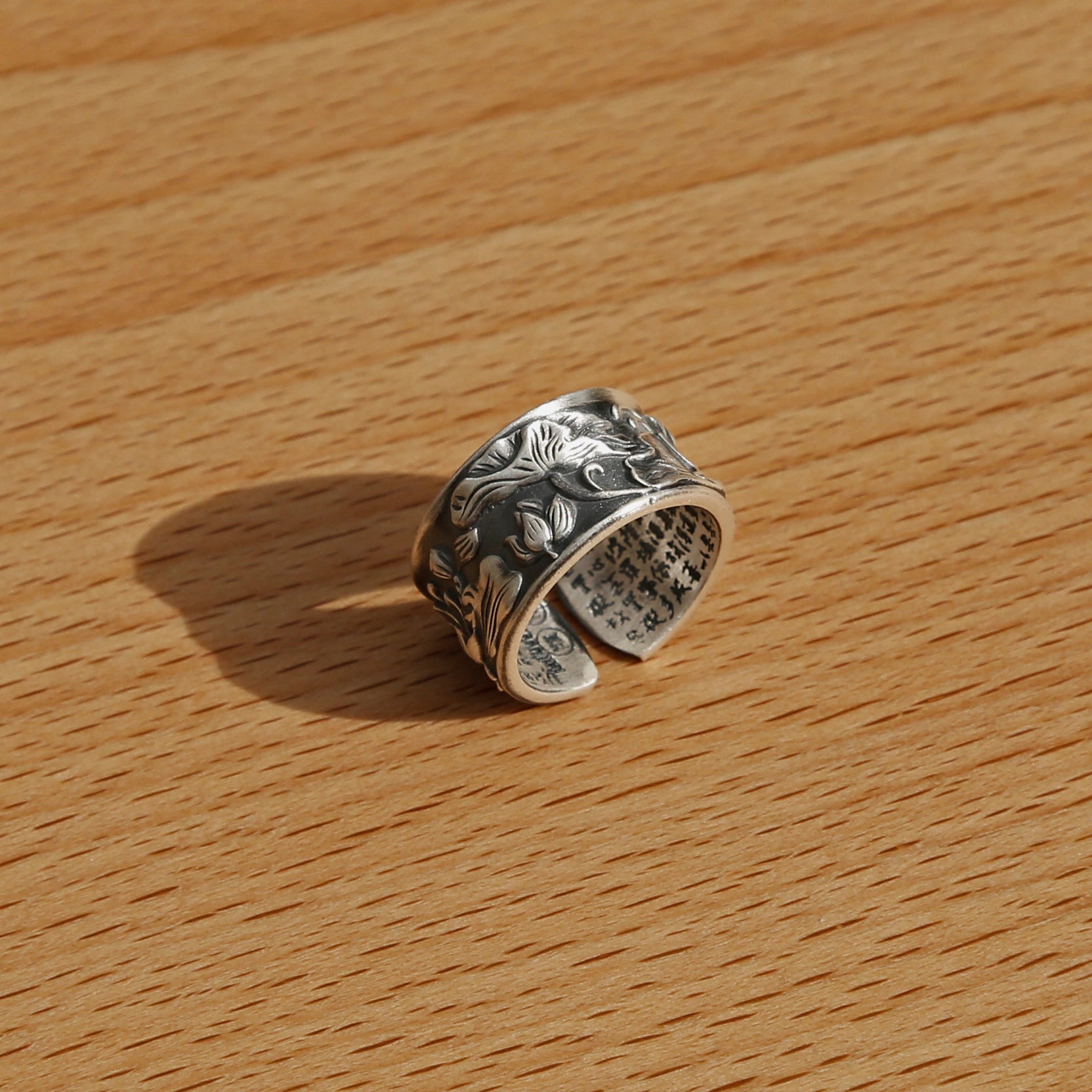 Vintage Style Engraved Lotus Adjustable Silver Ring, Buddhist Sutra Mens Ring - ZentralDesigns