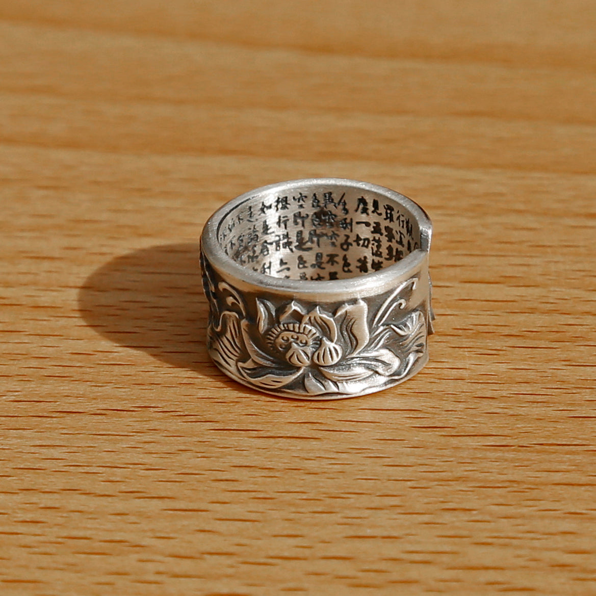 Vintage Style Engraved Lotus Adjustable Silver Ring, Buddhist Sutra Mens Ring - ZentralDesigns