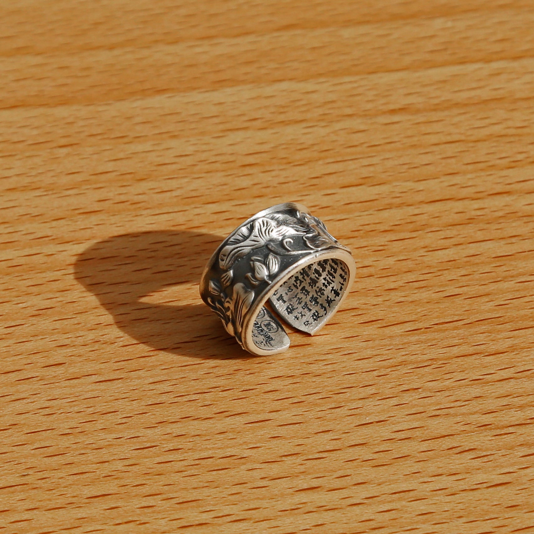 Vintage Style Engraved Lotus Adjustable Silver Ring, Buddhist Sutra Mens Ring - ZentralDesigns