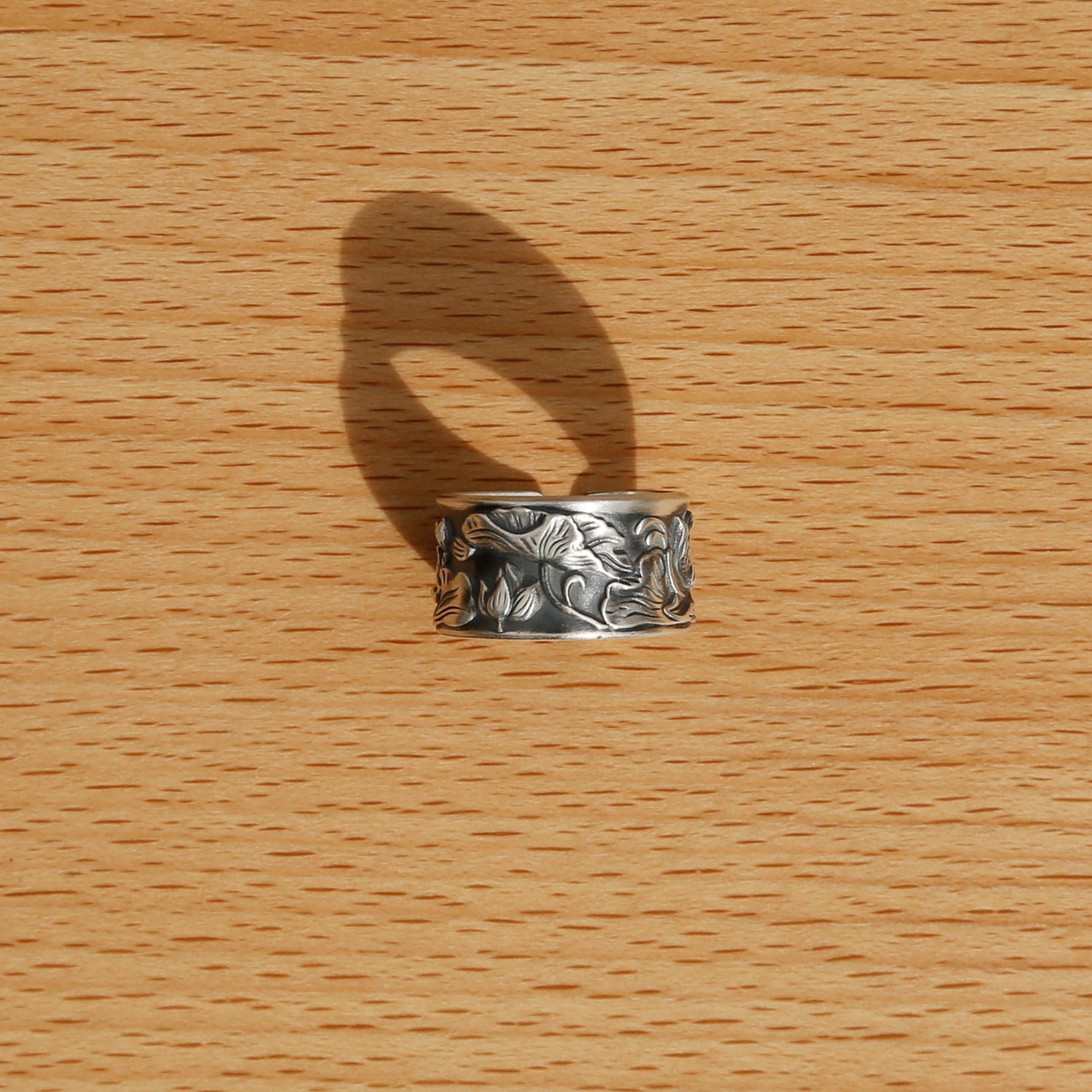 Vintage Style Engraved Lotus Adjustable Silver Ring, Buddhist Sutra Mens Ring - ZentralDesigns