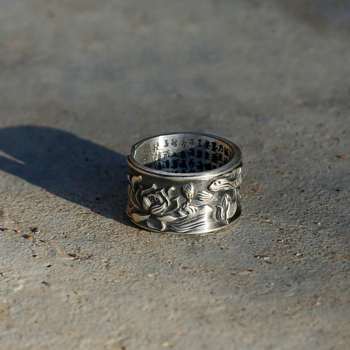 Vintage Style Engraved Lotus Adjustable Silver Ring, Buddhist Sutra Mens Ring - ZentralDesigns