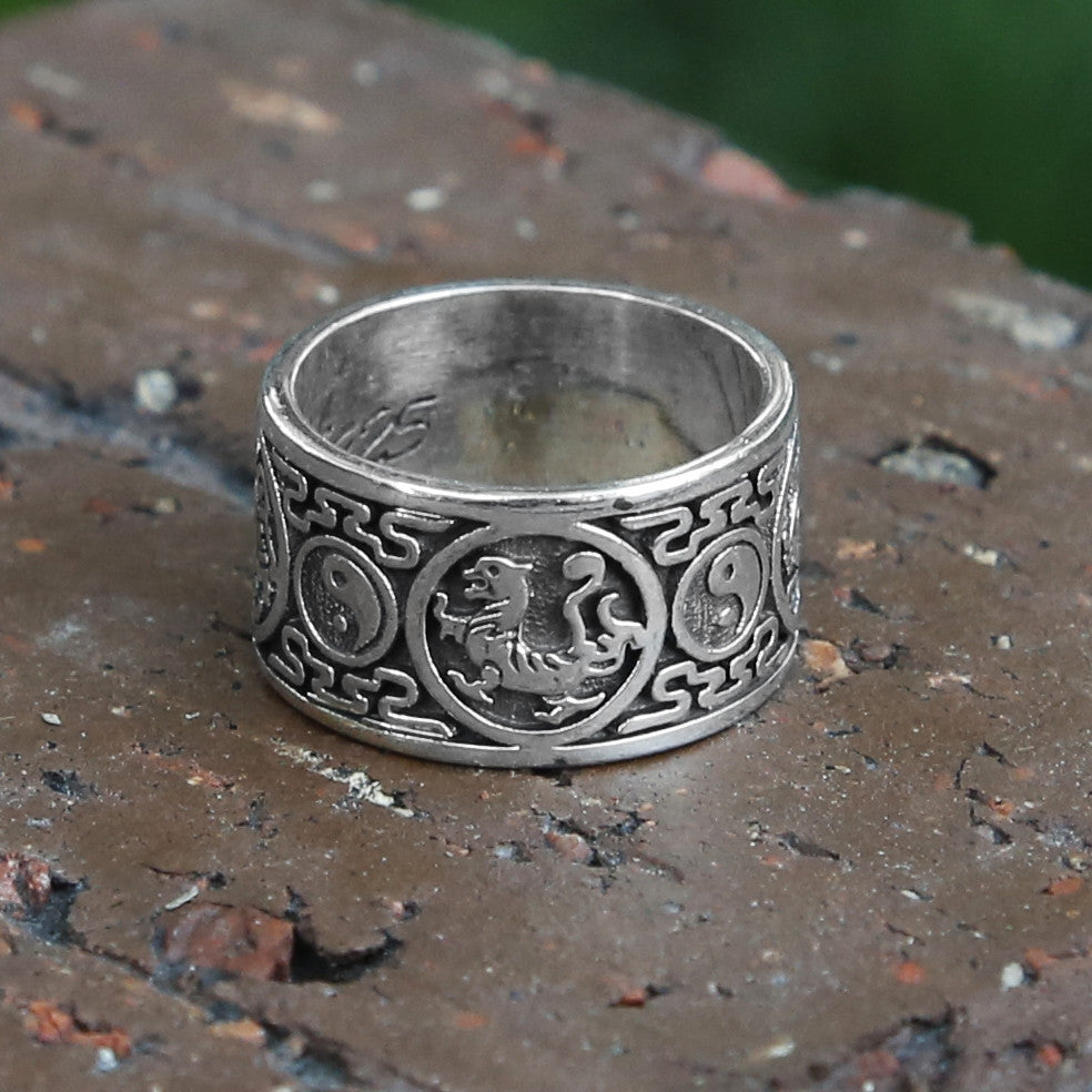 Yin Yang Dragon Sterling Silver Mens Ring, Meditation Ring.