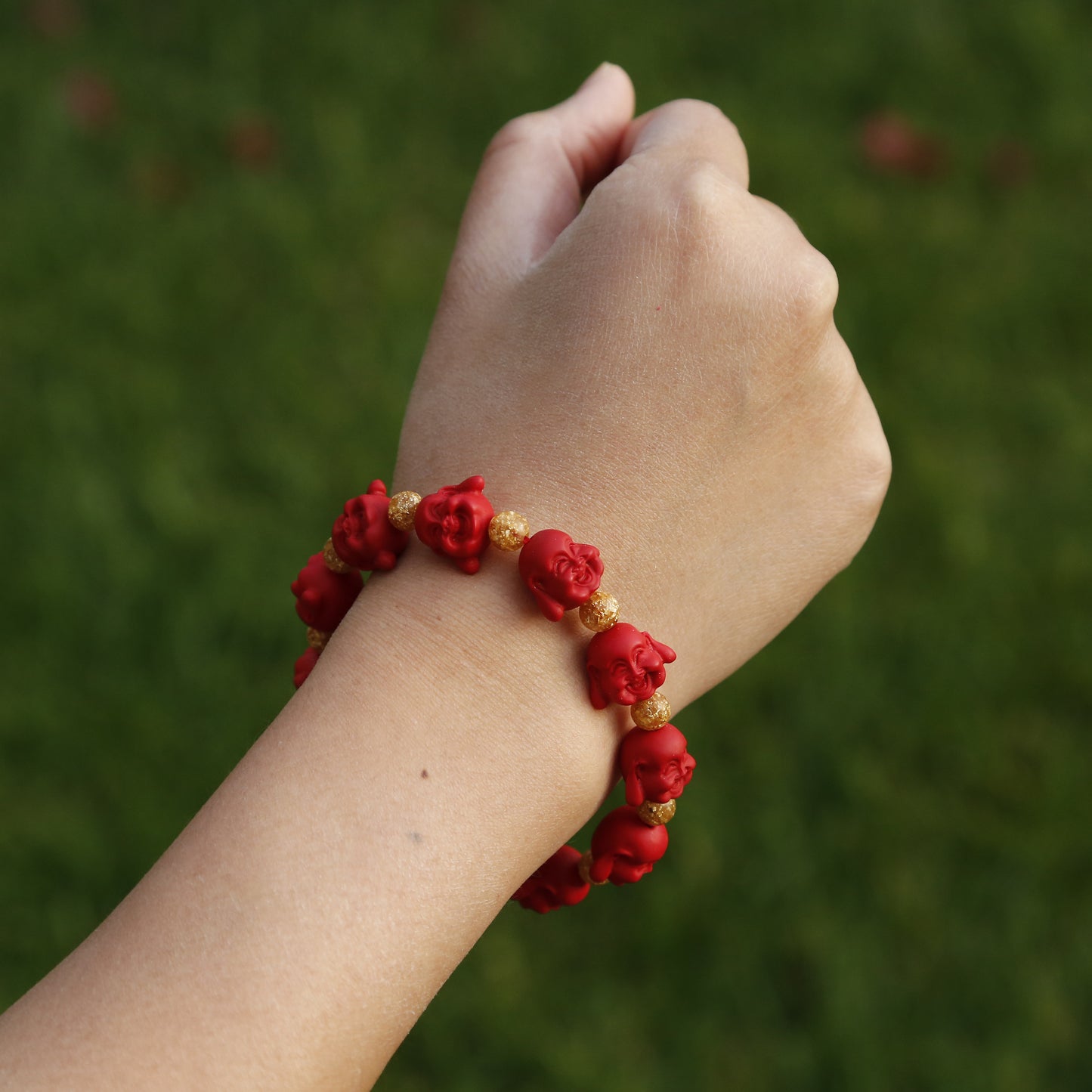 Maitreya Future Buddha Red Cinnabar Beaded Bracelet.