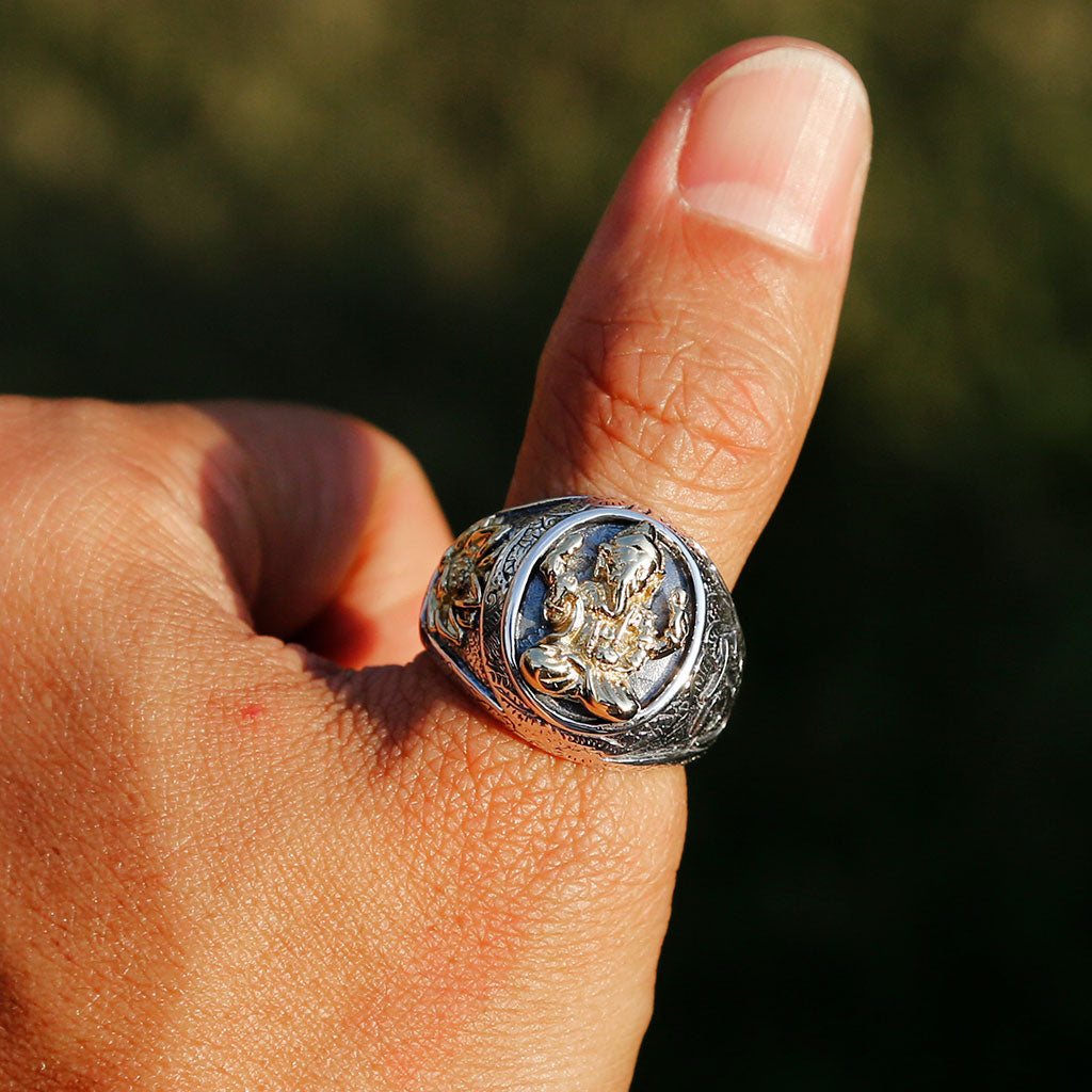 Lord Ganesha Buddhism Sterling Silver Mens Ring, India Buddhist Prayers Om Ring, Mens Meditation Ring (J)