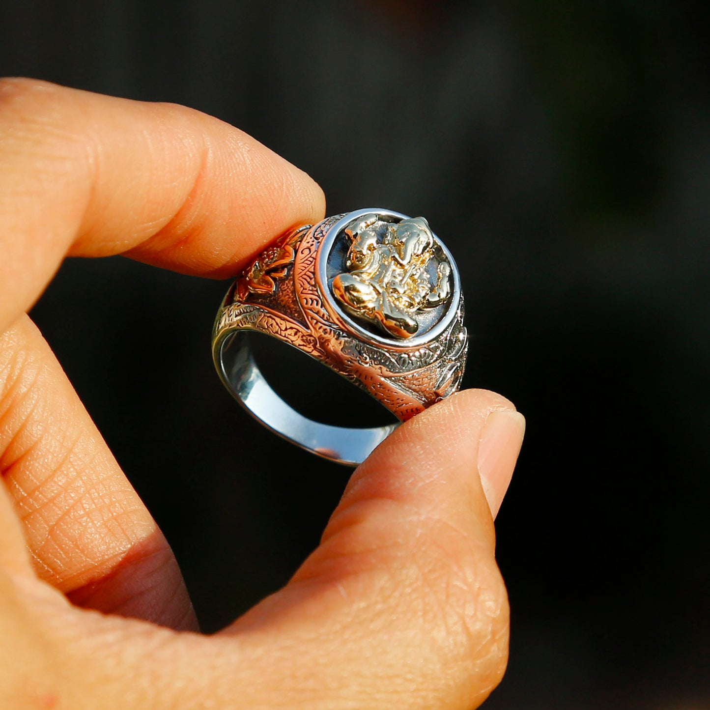 Lord Ganesha Buddhism Sterling Silver Mens Ring, India Buddhist Prayers Om Ring, Mens Meditation Ring (J)