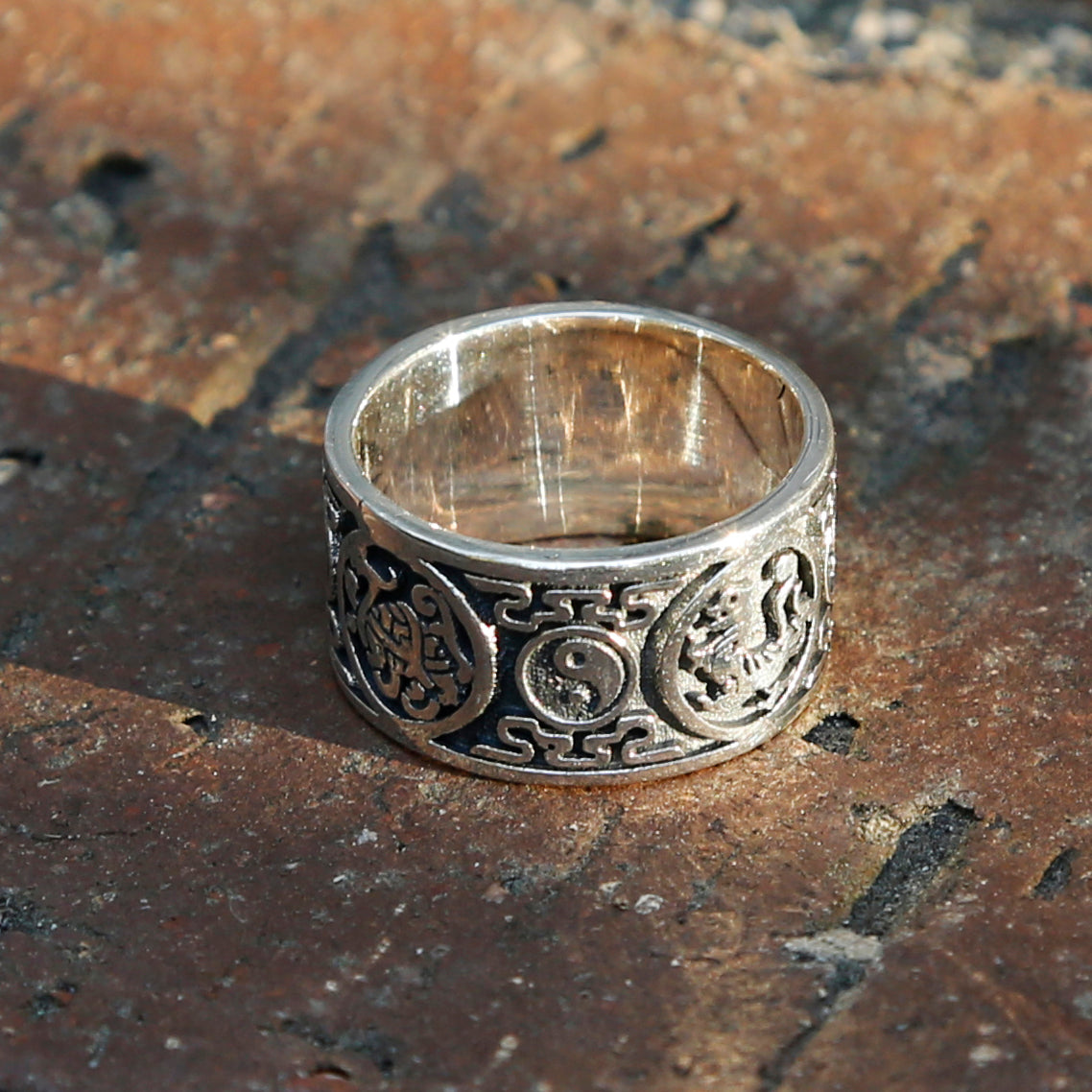 Yin Yang Dragon Sterling Silver Mens Ring, Meditation Ring.