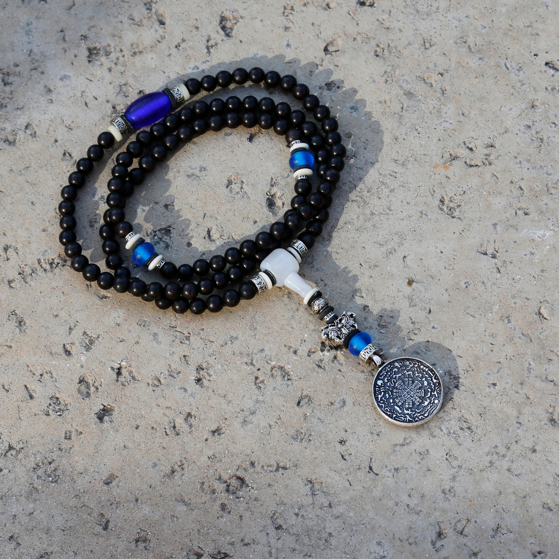 Tibetan Talisman Wood 108 Bead Mala Necklace, Black Wood 108 Bead Mala Wrap Bracelet - ZentralDesigns