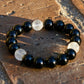 Black and White Tibetan Buddhist Prayers Symbols Beaded Bracelet, Black Onyx and Quartz Mala - ZentralDesigns